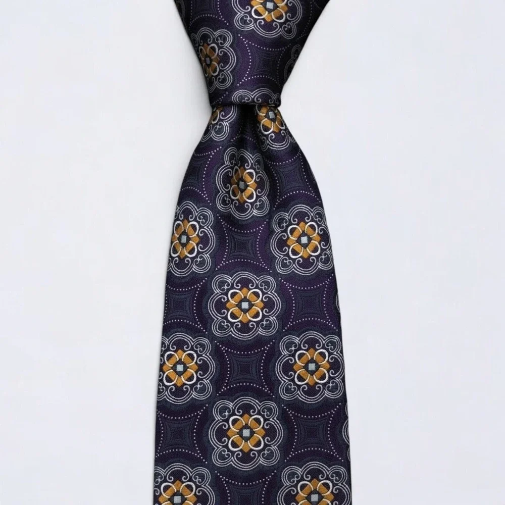Jos A Bank Necktie Adult Purple Gold Medallion Silk Signature Collection Tie